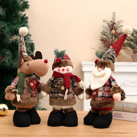 Muñeca Telescópica de Tela con Copos de Nieve de Cuadros Navideños Retro Papá Noel Muñeco de Nieve Reno Adorno Escritorio