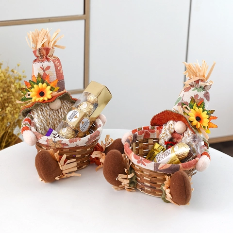 Thanksgiving Gnome Basket Rudolph Harvest Autumn Decoration Sunflower Maple Leaf Hand-Woven Fabric Storage Basket For Home Party