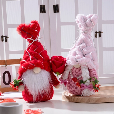 Grote Valentijnsdag Gnoom Knuffels Paar Decoratie Rood Roze Gebreide Stof Hartvormige Hoed Gezichtsloze Pop Tafel Ornament Cadeau