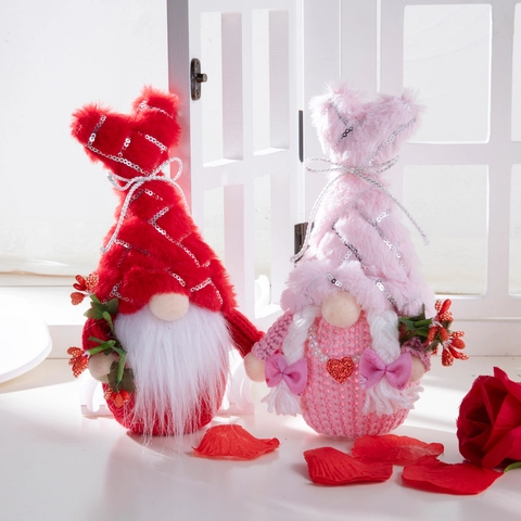 Gnomo di San Valentino a LED Nordico Ornamento Bambola di Peluche Cuore Paillettes Maglia Nano Coppia Figurina Decorazione Casa