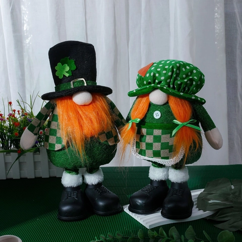 St. Patrick's Day Gnomes Plush Decorations Retractable Leprechaun Dolls With Shamrock Green Hat Orange Beard For Home Party Table Decor