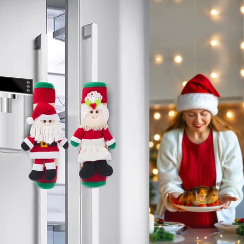 Housses de Poignée de Réfrigérateur de Noël Père Noël Mère Noël Décor 3D en Peluche Tissu Protecteur de Poignée d'Appareil Cuisine
