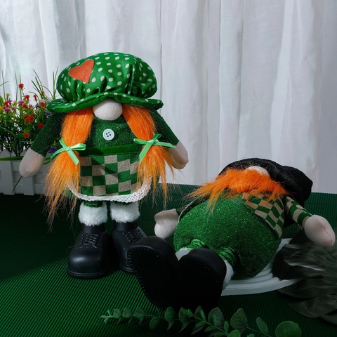 St. Patrick's Day Gnomes Plush Decorations Retractable Leprechaun Dolls With Shamrock Green Hat Orange Beard For Home Party Table Decor