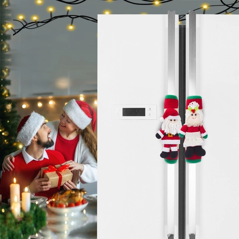 Housses de Poignée de Réfrigérateur de Noël Père Noël Mère Noël Décor 3D en Peluche Tissu Protecteur de Poignée d'Appareil Cuisine