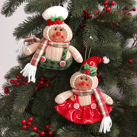 Christmas Gingerbread Man Knitted Plush Doll Hanging Ornaments Plaid Scarf Holiday Tree Decor Festive Party Home Gifts