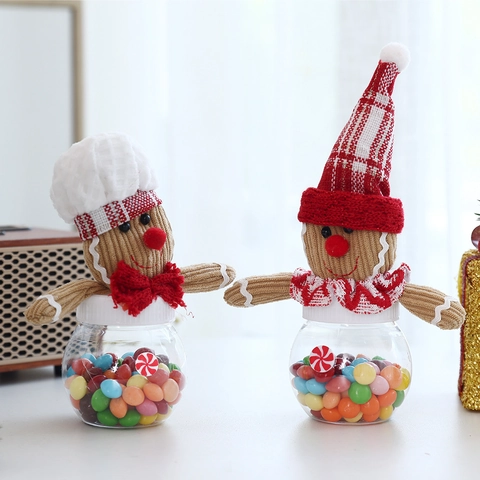 Χριστουγεννιάτικο Βάζο Γλυκών Gingerbread Man Διαφανές Πλαστικό Κουτί Δώρου Πλεκτό Καπάκι Διακόσμηση για Παιδιά