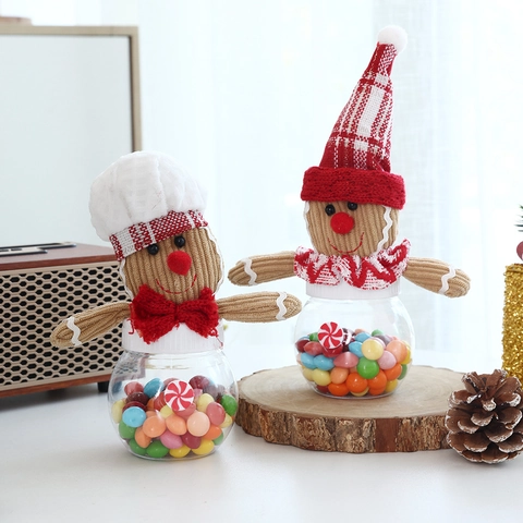 Χριστουγεννιάτικο Βάζο Γλυκών Gingerbread Man Διαφανές Πλαστικό Κουτί Δώρου Πλεκτό Καπάκι Διακόσμηση για Παιδιά