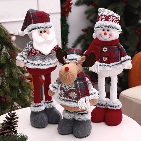 Poupée en Peluche Rétractable de Noël Père Noël Bonhomme de Neige Élan Figurine Tissu Tricoté Jambes Longues Décorations Maison