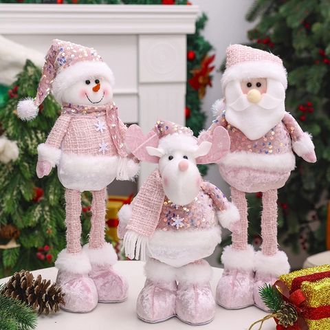 Poupées en Peluche de Noël à Paillettes Roses Ornements Renne Bonhomme de Neige Père Noël Figurine Décoration de Fête
