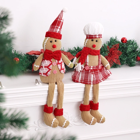 Poupée en Peluche Bonhomme de Pain d'épice de Noël Figurine Assise à Longues Jambes pour Cheminée Étagère Vitrine Décoration Maison