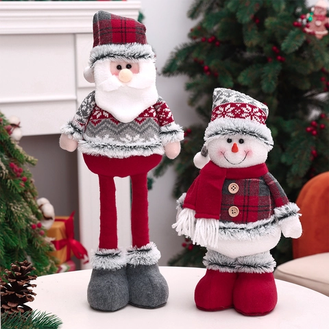 Poupée en Peluche Rétractable de Noël Père Noël Bonhomme de Neige Élan Figurine Tissu Tricoté Jambes Longues Décorations Maison