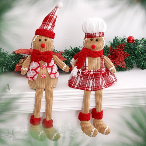 Poupée en Peluche Bonhomme de Pain d'épice de Noël Figurine Assise à Longues Jambes pour Cheminée Étagère Vitrine Décoration Maison