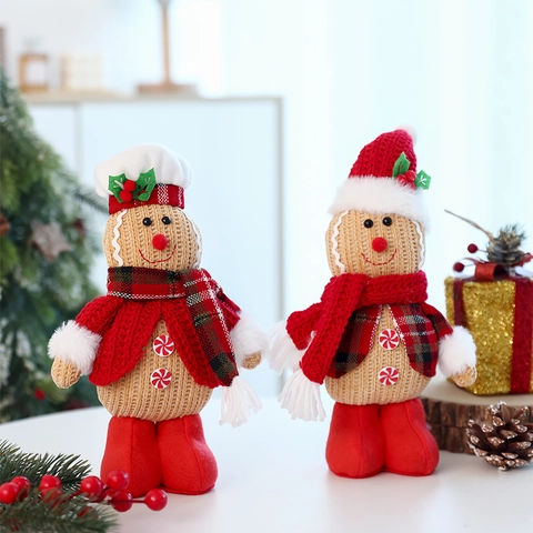 Natale Omino di Pan di Zenzero Peluche Ornamento Con Cappello Sciarpa Lavorata a Maglia Statuina in Piedi per Festa di Natale Casa