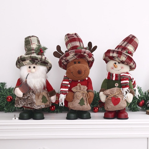 Ornamenti Natalizi in Peluche Babbo Natale Renna Pupazzo di Neve Con Cappello Plaid e Sacco di Iuta Decorazione da Tavolo