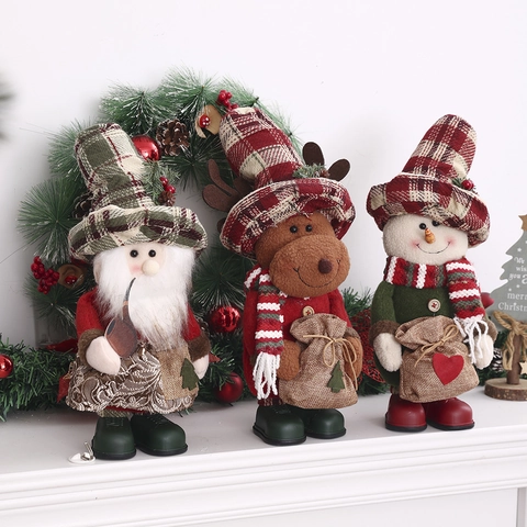 Ornamenti Natalizi in Peluche Babbo Natale Renna Pupazzo di Neve Con Cappello Plaid e Sacco di Iuta Decorazione da Tavolo
