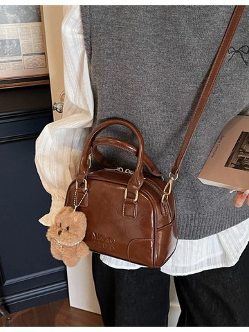 Women Vintage Glossy PU Leather Boston Handbag Solid Color Mini Crossbody Bag With Adjustable Strap And Plush Bear Charm