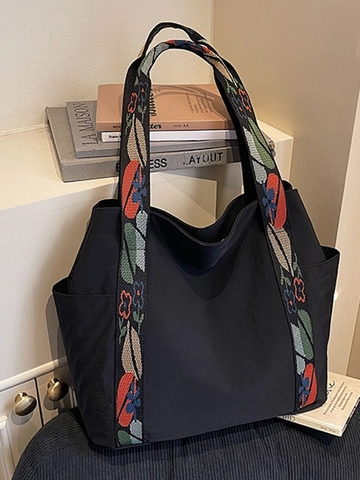 Women Large Capacity Tote Bag Lightweight Canvas Shoulder Bag With Floral Printed Wide Straps Commuter Shopping Handbag School Bag
