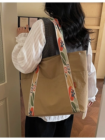 Women Large Capacity Tote Bag Lightweight Canvas Shoulder Bag With Floral Printed Wide Straps Commuter Shopping Handbag School Bag