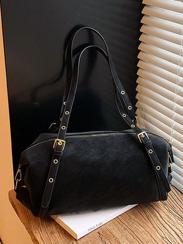 Sac à Épaule en Cuir Synthétique Rétro pour Femmes Sac d'Aisselle Cylindrique Minimaliste Bandoulière à Oeillets Réglable