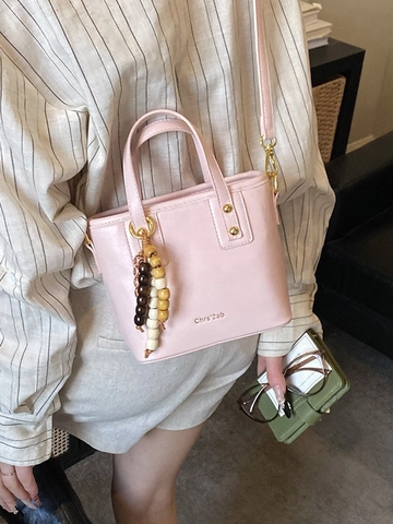 Women's Vintage PU Leather Bucket Bag Beaded Tassel Charm Fashion Casual Shoulder Bag High Quality Crossbody Handbag Daily Top-Handle Bag