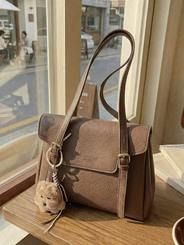 Vintage Large Capacity Tote Bag For Women Litchi Grain PU Leather Flip Shoulder Underarm Bag With Plush Pendant Fashion