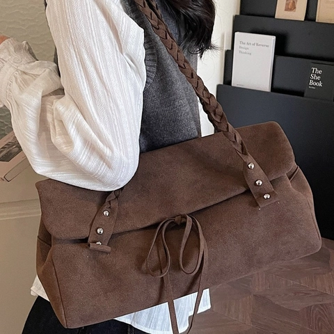 Borsa Tote da Donna Vintage in Camoscio di Grande Capacità Con Cinghie Intrecciate Decorazione Borchie Fiocco Borsa a Spalla