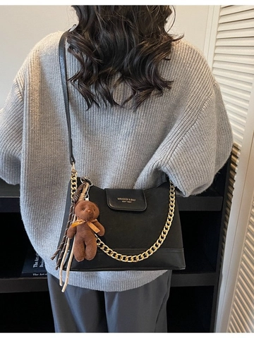 Vintage PU Leather Dumpling Crossbody Bag For Women Fashion Contrast Color Shoulder Bag With Metal Chain Teddy Bear Pendant
