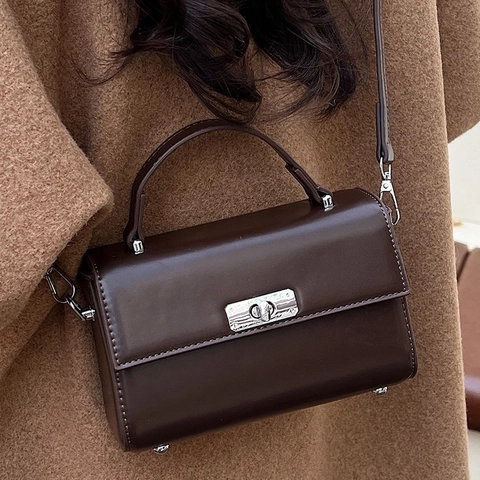 Women Vintage PU Leather Small Square Bag Retro Solid Color Shoulder Crossbody Bag With Metal Lock Elegant Handbag