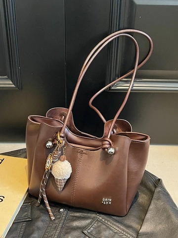 Vintage PU Leather Tote Bag For Women Large Capacity Casual Shoulder Bag Solid Color Trendy Underarm Bag With Soft Handle