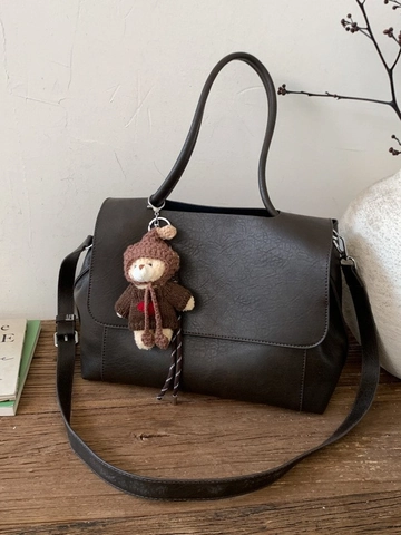 Borsa Tote da Donna Retro Minimalista in Pelle Sintetica Grande Capacità Borsa a Tracolla Per Pendolarismo Con Ciondolo a Orso