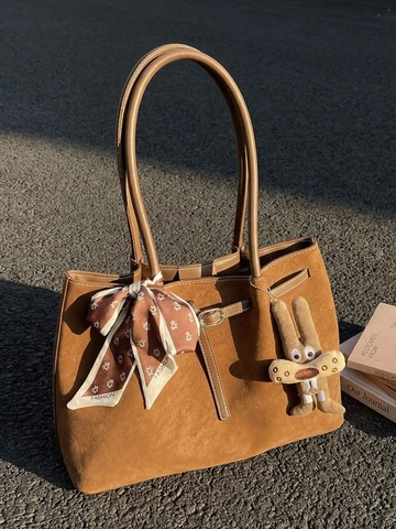 Women Large Capacity Faux Suede Tote Bag Vintage Frosted PU Leather Shoulder Bag With Scarf Plush Charm Commute Handbag