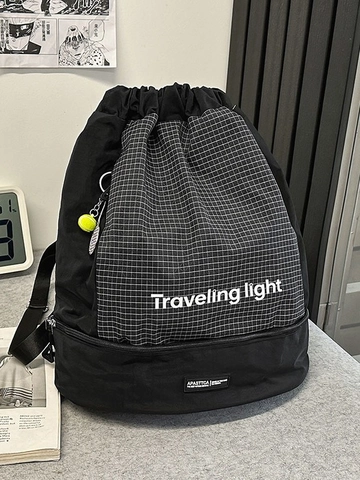 Mochila con Cordón de Gran Capacidad en Bloques de Color para Mujer Nailon Impermeable Deporte Casual Bolso de Hombro Con Compartimento para Zapatos Traveling Light