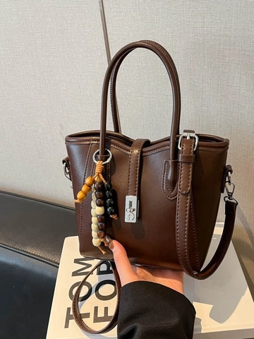 Bolso de Cubo de Cuero PU Retro para Mujer Bolso de Bandoulière Con Borla de Cuentas de Madera Cierre de Metal Bolso de Hombro