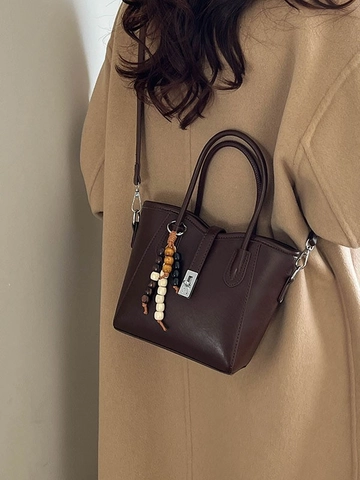 Bolso de Cubo de Cuero PU Retro para Mujer Bolso de Bandoulière Con Borla de Cuentas de Madera Cierre de Metal Bolso de Hombro