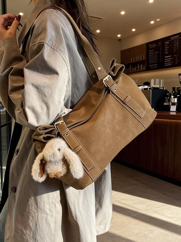 Retro Frosted PU Leather Large Capacity Tote Bag For Women With Plush Rabbit Pendant Minimalist Shoulder Bag Commuting
