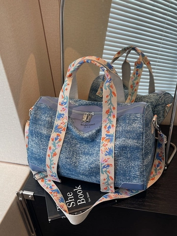 Women Casual Denim Texture Canvas Tote Bag Floral Embroidery Strap Shoulder Crossbody Boston Handbag Large Capacity Fashion Travel Purse