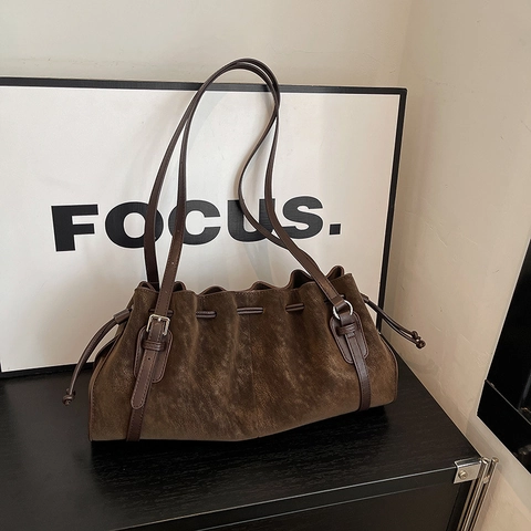 Vintage Suede Tote Bag For Women 2025 Winter New Design Pleated Elegant Shoulder Bag Large Capacity Handbag Daily Commute Bag