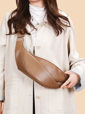 Women PU Leather Croissant Bag Minimalist Pleated Crescent Crossbody Bag Large Capacity Dumpling Shoulder Bag With Knot