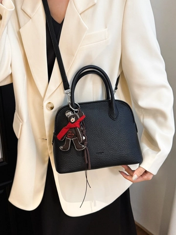 Korean Style Women PU Leather Litchi Grain Crossbody Bag Casual Vintage Shell Shape Handbag With Bear Pendant For Daily Use