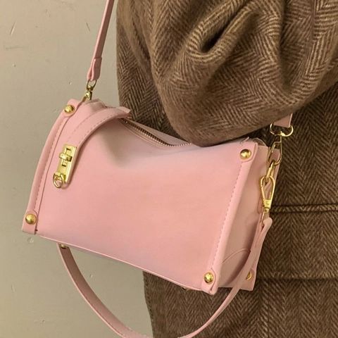 Sac à Épaule en Cuir PU Minimaliste Rétro Pour Femmes Décor de Rivets Petit Sac Carré Boucle de Verrouillage Mode