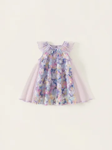 Mädchen Sommer Ärmelloses Netz Prinzessin Kleid 3D Blumen Applikation Lila A-Linie Fee Party Kleid Für Kinder