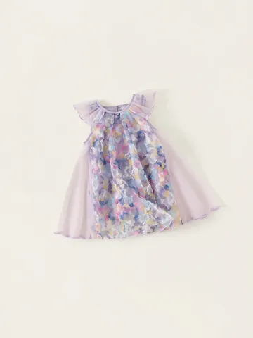 Mädchen Sommer Ärmelloses Netz Prinzessin Kleid 3D Blumen Applikation Lila A-Linie Fee Party Kleid Für Kinder