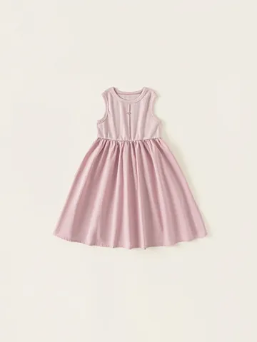 Girls Summer Sleeveless Patchwork Long Dress Minimalist Solid Color Purplish Pink Cotton Blend Comfortable Princess Sundress