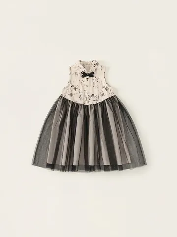 Robe sans Manches pour Filles Nouveau Style Chinois Impression à l'Encre Maille Jupe Bouffante Mélange Viscose Nylon Vintage
