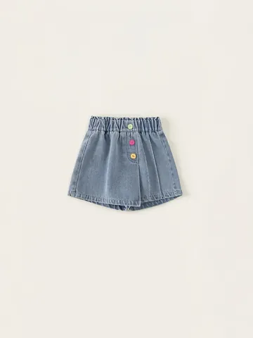 Girls Summer Denim Skort Cotton Blend Light Blue Casual Shorts With Colorful Buttons Elastic Waist Kids Fashion A-Line Skirt Pants