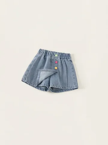 Girls Summer Denim Skort Cotton Blend Light Blue Casual Shorts With Colorful Buttons Elastic Waist Kids Fashion A-Line Skirt Pants