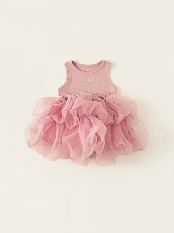 Girls Pink Princess Tutu Dress Sleeveless Mesh Patchwork Summer Party Dress Ribbed Knit Tutu Skirt For Toddler Children