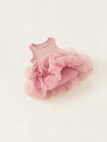 Girls Pink Princess Tutu Dress Sleeveless Mesh Patchwork Summer Party Dress Ribbed Knit Tutu Skirt For Toddler Children