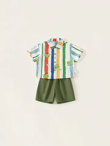 Boys Summer 100 Cotton Clothes Set Striped Short Sleeve Shirt And Shorts Cartoon Crocodile Printed Casual Outfits