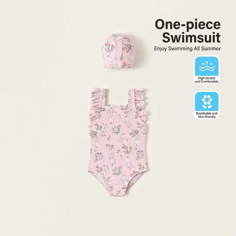 Girls One-Piece Swimsuit Cute Floral Deer Print Ruffle Strap Swimwear With Swim Hat Summer Beach Kids Bathing Suit